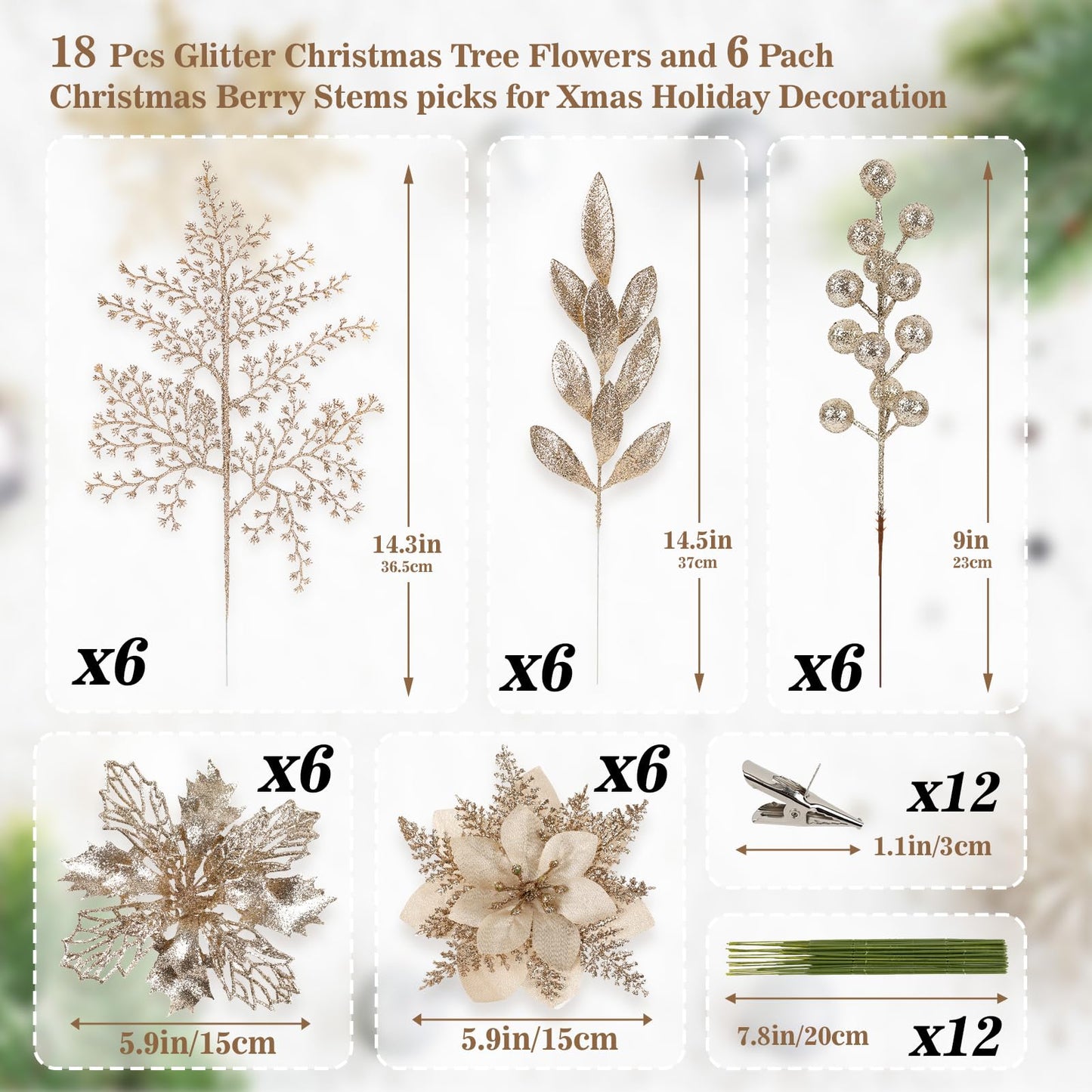 N&T NIETING 30Pcs Champagne Christmas Poinsettia Artificial Flowers & Glitter Berries Leaf Stems Kit Christmas Floral Picks Christmas Tree Garland Wreath Filler Ornaments for Home Party Xmas Decor