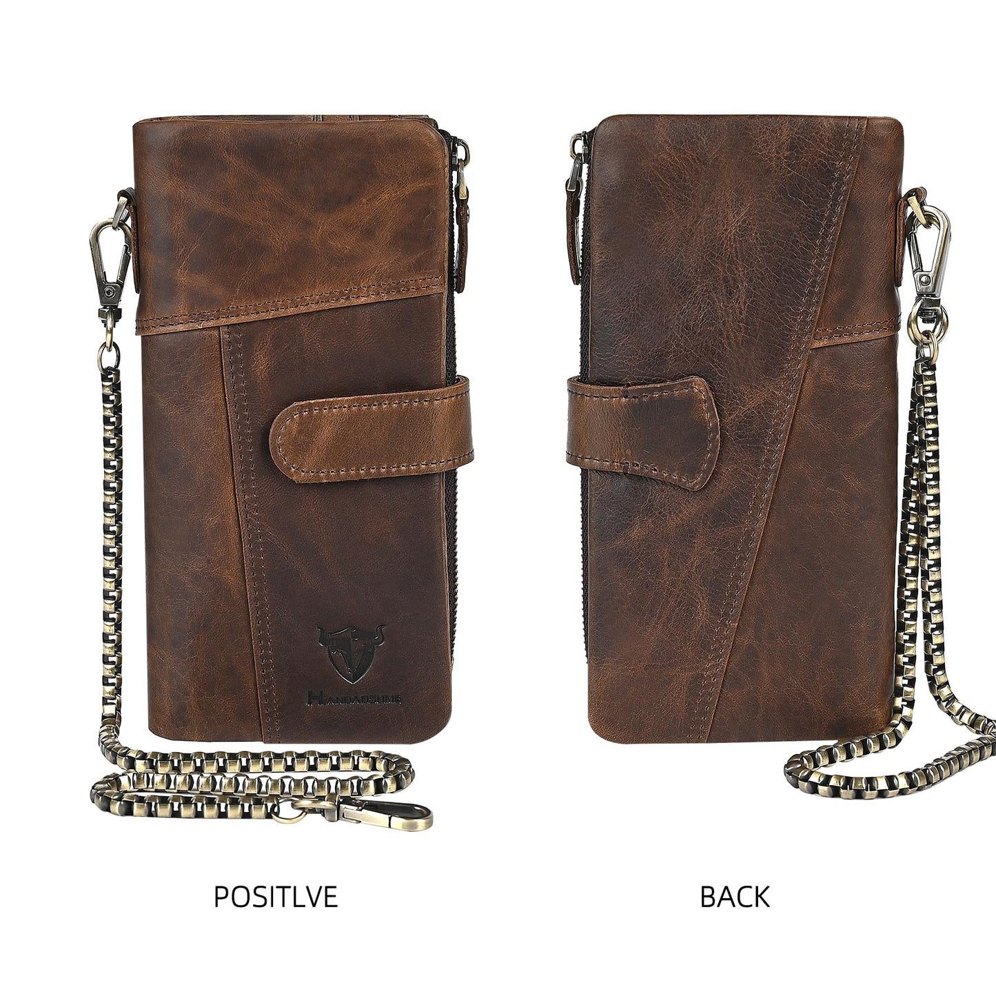 Handadsume Genuine Crazy Horse Leather Travel Gift Coin Pocket Card Case Long Organizer Chain Rfid Wallet Purse With Snap For Men Male 1803 1815 (1803 Light Brown)
