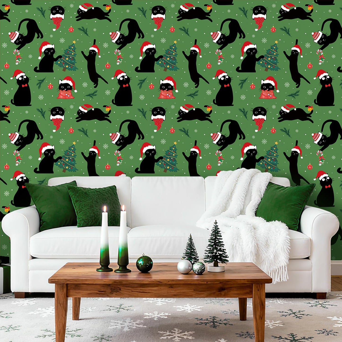 LHIUEM 17.3”X118”-Christmas Cat Wallpaper Peel and Stick Merry Christmas Tree Contact Paper for Cabinets Black Cats Santa Hats Wallpaper Candy Cane Gift Wrapping Paper for Cat Lovers Party