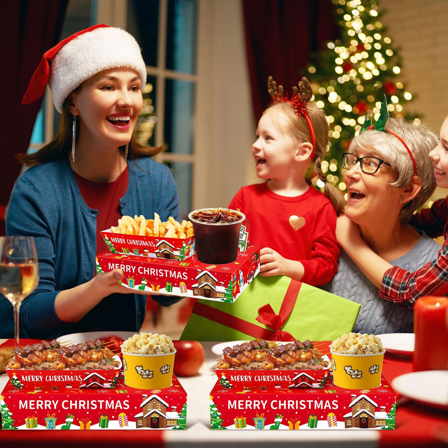 Jansun 36Pcs Christmas Movie Night Snack Trays Candy Popcorn French Fries Snack Trays Christmas Movie Boxes for Snacks Tray Xmas Party Supplies