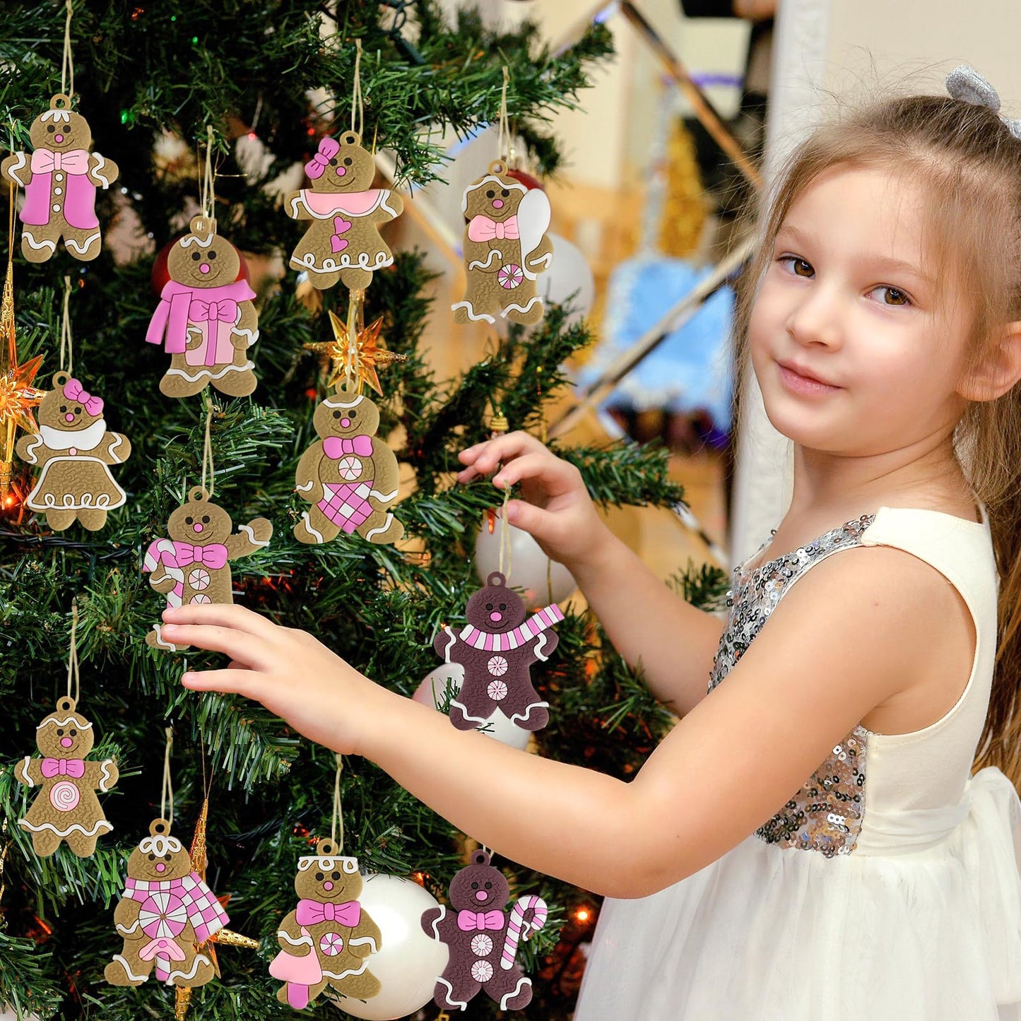 Gingerbread Man Ornaments Christmas Tree Decorations - 12pcs Pink Gingerbread Man Christmas Decorations Hanging Ornaments for Holiday Xmas Tree Home Decor