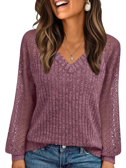AUTOMET Women Long Sleeve Shirts Fall Lace Tops 2025 Fashion V Neck Sweaters Dressy Casual Winter Tunic Blouse Trendy Outfit