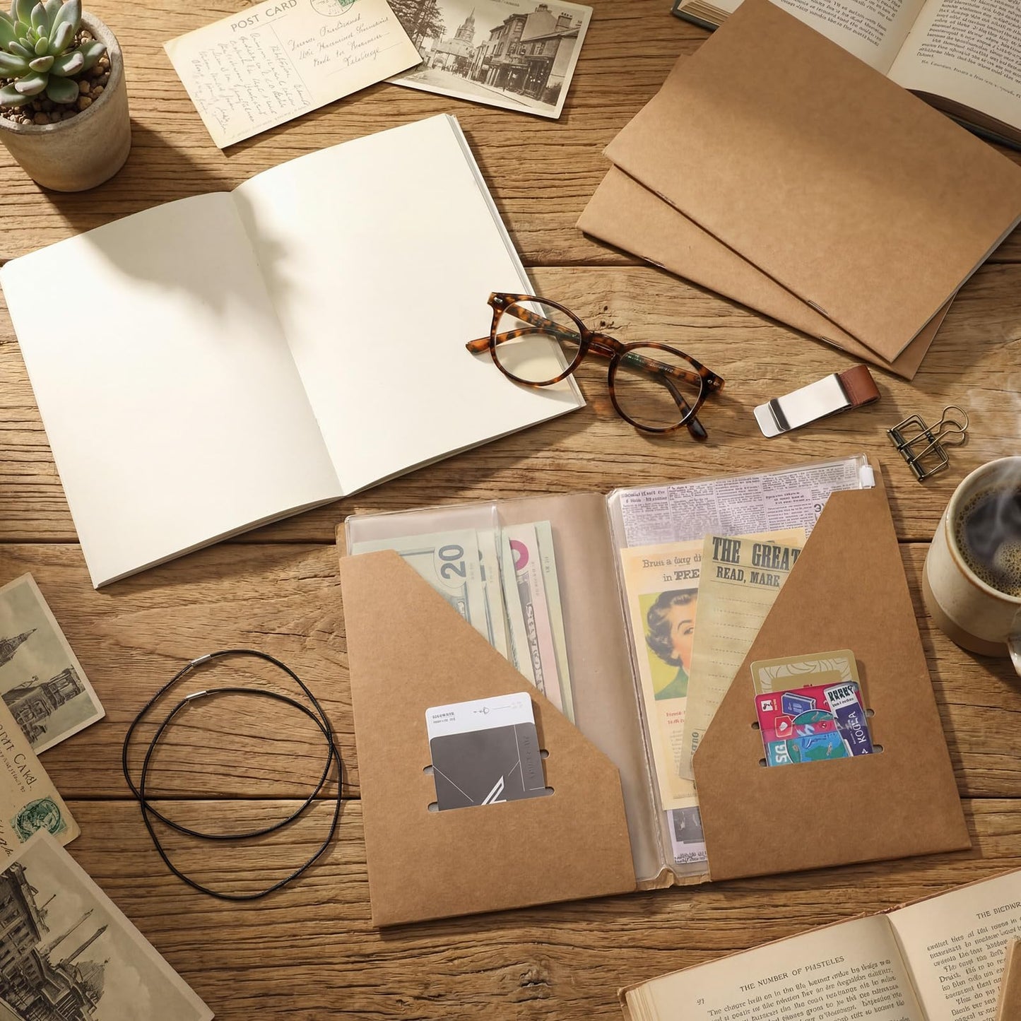 Thenshop 5 Pcs Notebook Accessories Kit for Travelers Include Dot Grid Kraft Paper Notebooks, Travel Kraft File Folder, Zipper Case, Pen Holder, Binder Clip and Elastic Bands Travel Accessories