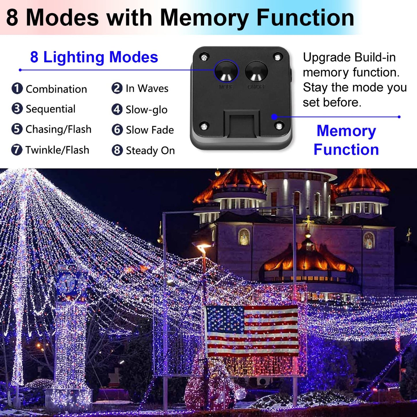YAOZHOU 4th of July Patriotic Decorations, Red White Blue Solar Fairy String Lights Outdoor Waterproof, 2Pack Total 200LED 66Ft, IP67 8 Modes Outside for Memorial Day, Garden, Patio, Yard