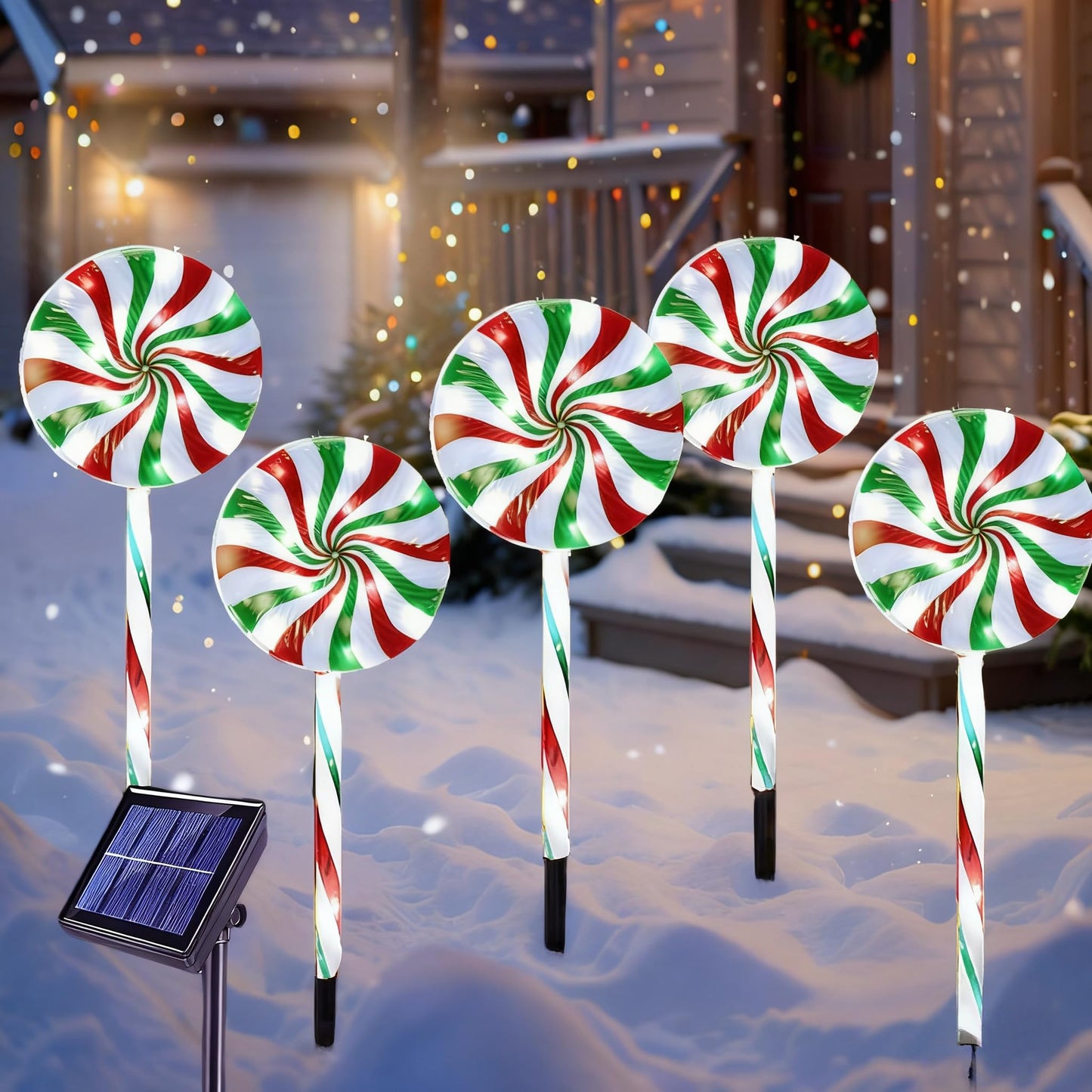 NAHIYELAS Christmas Solar Lollipop Pathway Lights 5 Pack Outdoor Candy Cane Stake Light with Bow Waterproof Walkway Xmas Outsides Garden Yard Lighting Landscape Decorative Decoration
