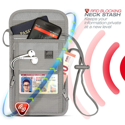 Lewis N. Clark RFID Blocking Stash Neck Wallet, Travel Pouch + Passport Holder for Women & Men, Gray, One Size