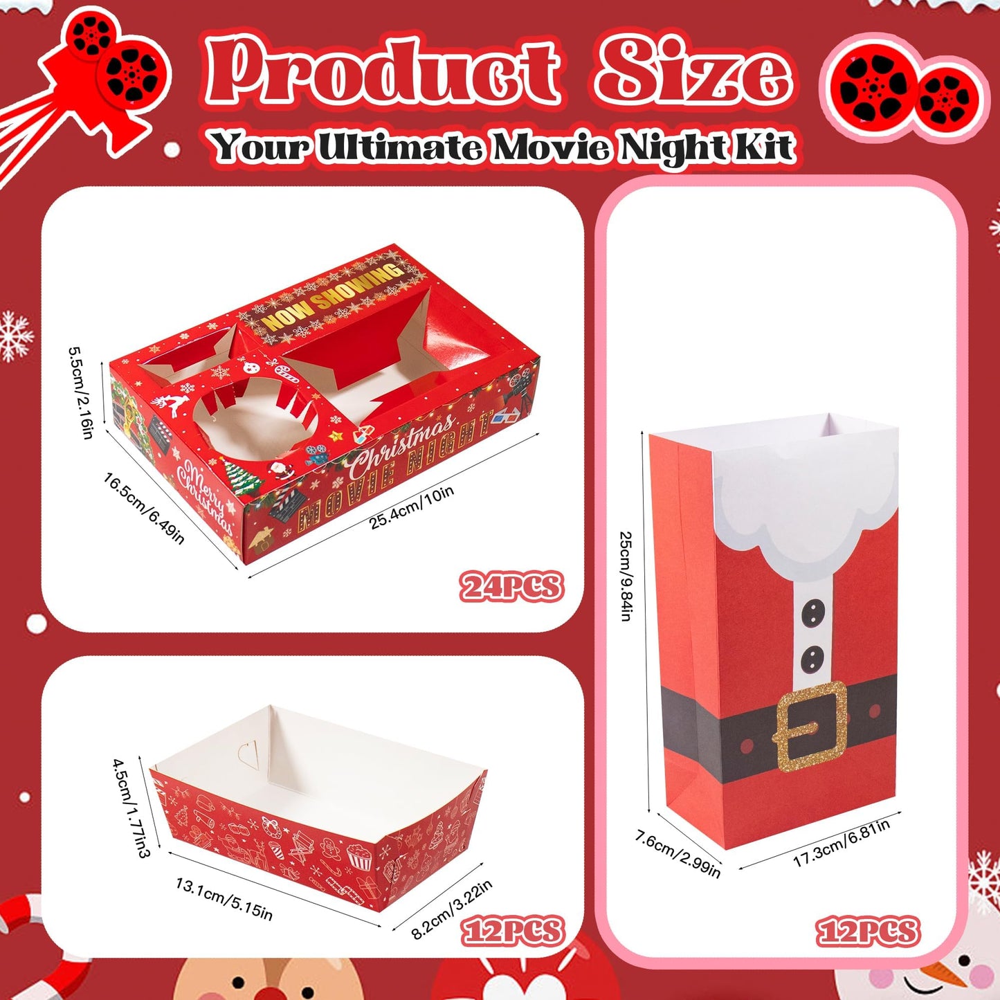 Rzoklot 48PCS Christmas Movie Night Party Supplies – 24 Snack Boxes, 12 Food Trays, 12 Popcorn Bags – Festive Disposable Snack Holders for Holiday Parties, Family Gatherings & Home Theater