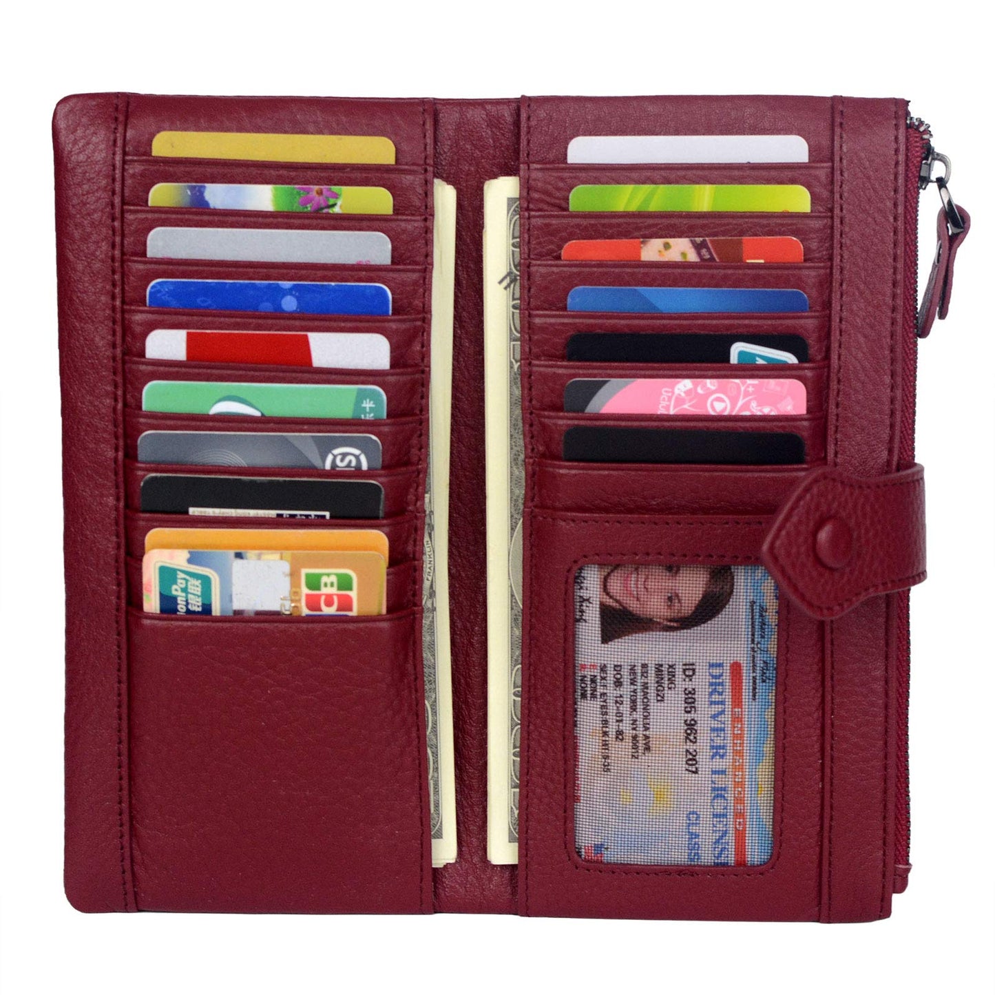 Bveyzi Women Soft Leather RFID Blocking Bifold Slim Wallets Ladies Credit Card Holder Double Zipper Pocket (Wine Red)