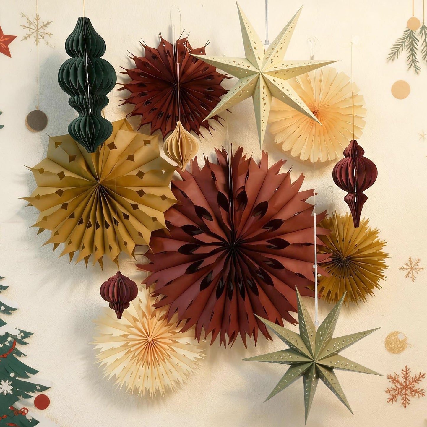 Christmas Hanging Decorations Set, 3D Paper Star Lanterns with Lights Paper Honeycomb Ornaments Snowflake Fans Decorative Hanging Ornamnets for Xmas Tree Frozen Winter Wonderland Holiday Party Decor