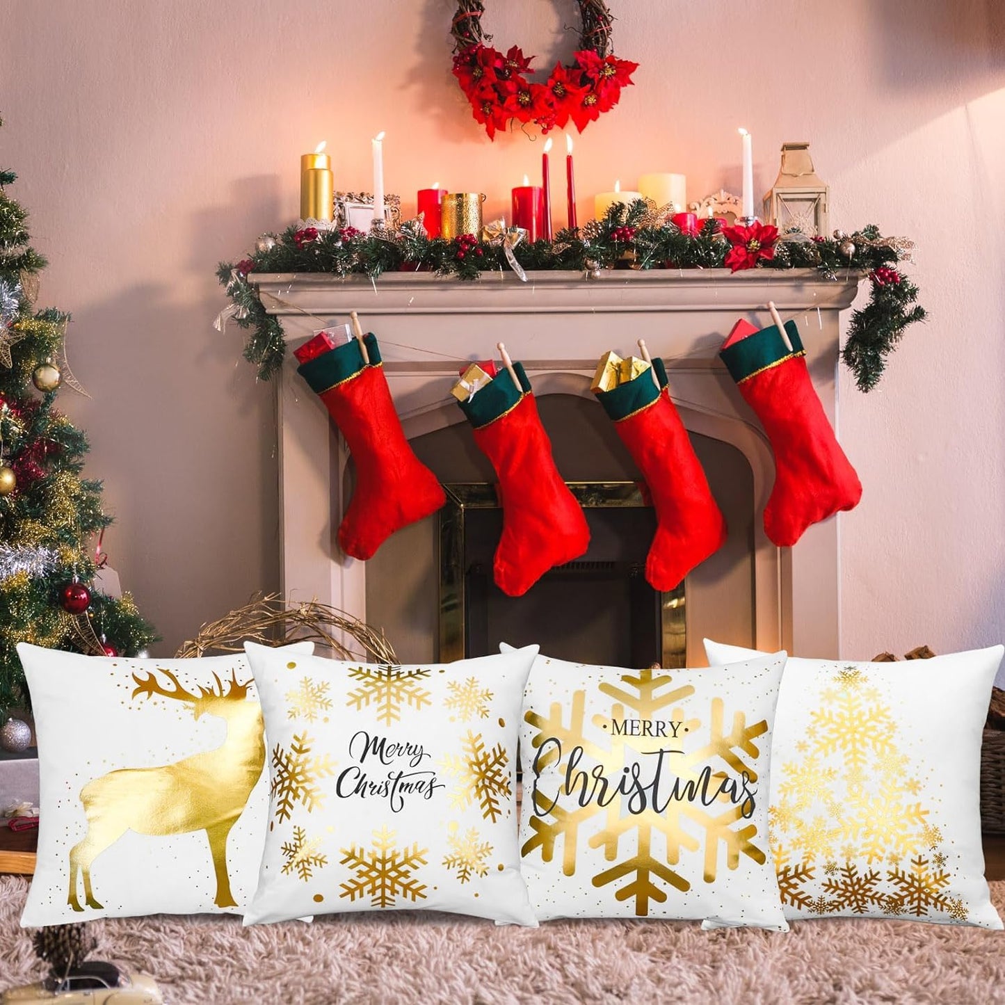 ONWAY Christmas Gold White Throw Pillow Covers 20x20 Inch Set of 4 Snowflakes Decorations Cushion Cases Xmas Decor for Couch Sofa Car Bedroom