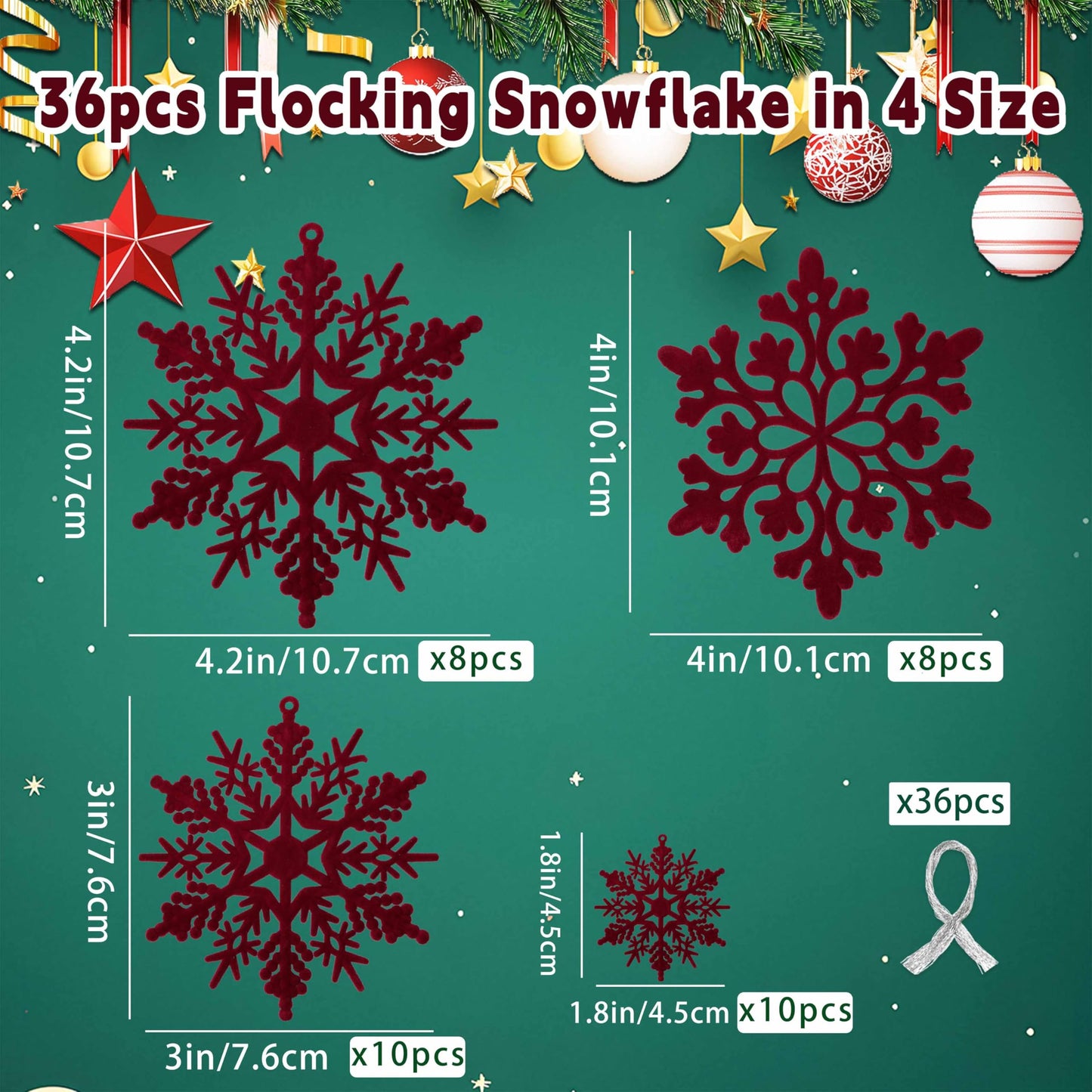 36pcs Wine Red Flocked Christmas Snowflake Ornaments, Hanging Velvet Snow Flakes for Christmas Tree Decorations Winter Wonderland Frozen Birthday Party Holiday Home Decor Craft Snowflakes