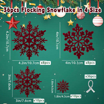 36pcs Wine Red Flocked Christmas Snowflake Ornaments, Hanging Velvet Snow Flakes for Christmas Tree Decorations Winter Wonderland Frozen Birthday Party Holiday Home Decor Craft Snowflakes