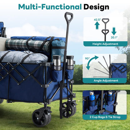 OLIXIS 49" Extra Long Folding Wagon Cart, 440LBS Heavy Duty Collapsible Wagon with Big All-Terrain Wheels, 250L Portable Outdoor Utility Cart for Shopping, Garden, Camping, Grocery, Sports - Blue