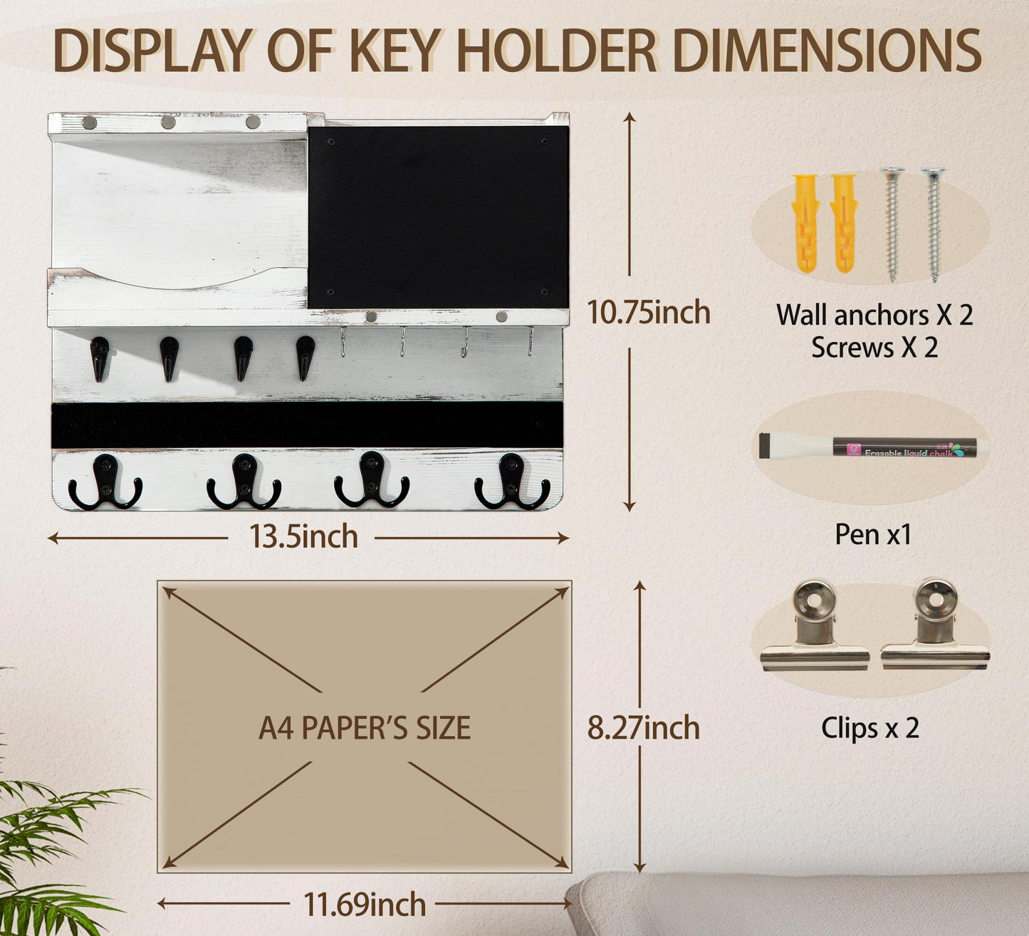 HEKOOLA Key Holder for Wall Mount with Shelf and Mail Organizer, Key and Mail Holder with 16 Hooks, Farmhouse Entryway Organizer, Home Decor Rack (Pine Wood, White Washed)