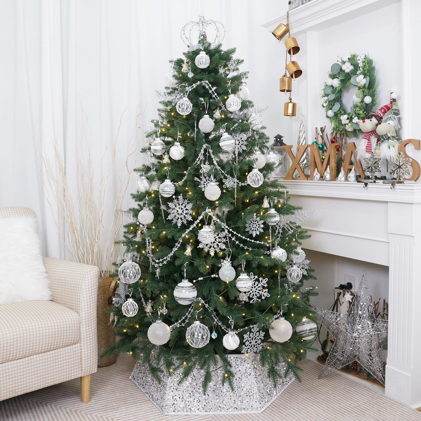 White Christmas Tree Collar with Sparkling Sequins,Christmas Tree Collars for Atificial Trees, 33.5 Inch Christmas Tree Skirt, Xmas Tree Stand Base Cover,Holiday Home Decor Tree Ring(Large)