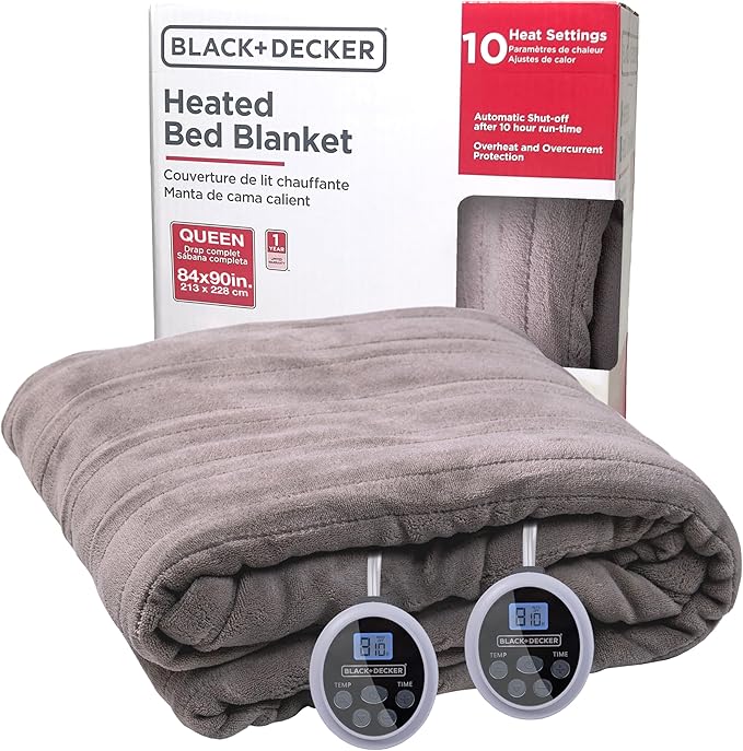 BLACK+DECKER Heated Blanket Electric Queen, Micro Plush Electric Blanket, Heating Blanket with 10 Heating Levels, 10H Timer, Auto Shutoff, Dual Zone Heating, Fast Heating (84x90 inches, Grey)