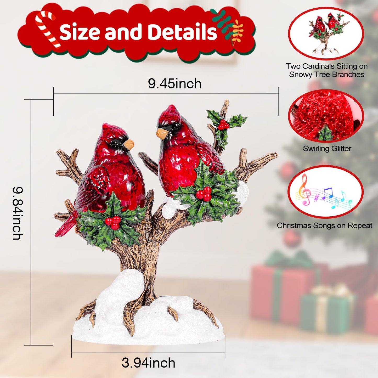9.8 inch Christmas Snow Globes Cardinal with Music 6H Timer USB and Battery Powered Lighted Glitter Water Lantern Cardinal Snow Globe for Christmas Festival Decoration Gifts