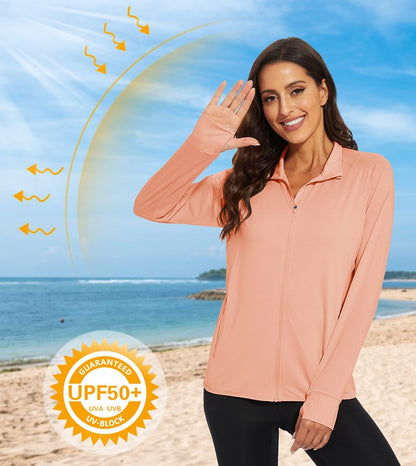 MAGCOMSEN UPF 50+ Sun Protection Long Sleeve Hiking Jackets Quick Dry Performance Athletic Workout Jacket with Thumb Holes Apricot S