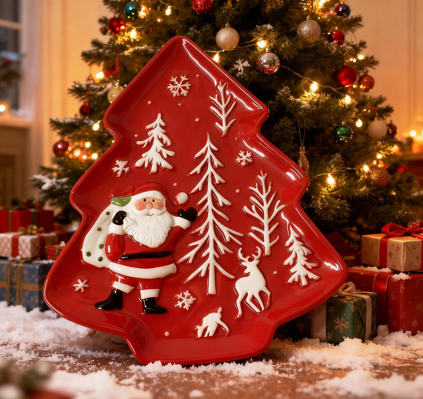 Loticy 10.3 Inches Christmas Tree Plates Chip & Dip Set, Red Xmas Ceramic Snack Plate, Santa Claus High Relief Porcelain Appetizer Dessert Fruit Salad Saucers Bowls, Cutlery Platter Serving Dishes