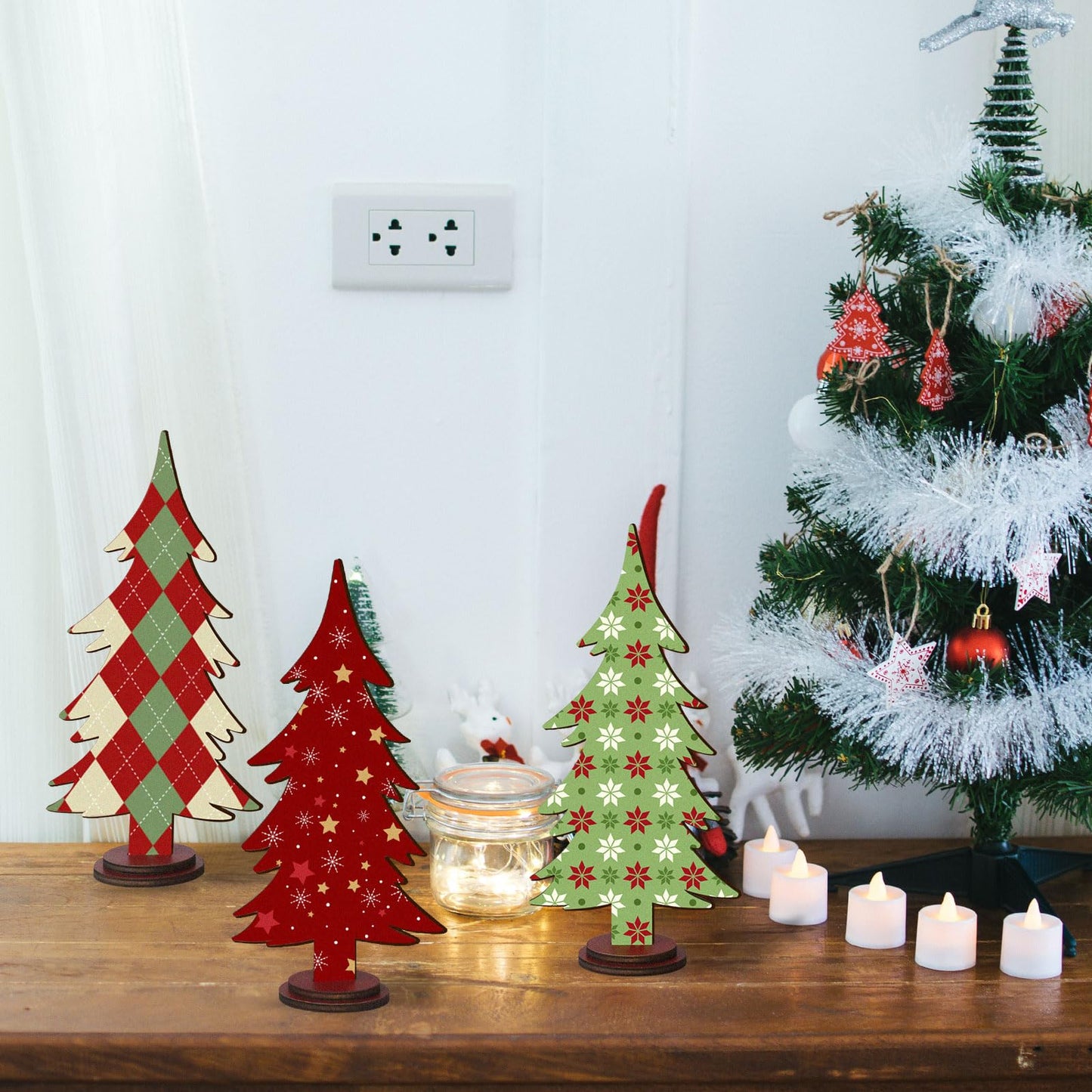 Pigort Christmas Decorations – Rustic Wooden Christmas Tree Table Decor, Freestanding Xmas Centerpiece for Home & Shelf, Winter Tiered Tray Decorative (3)