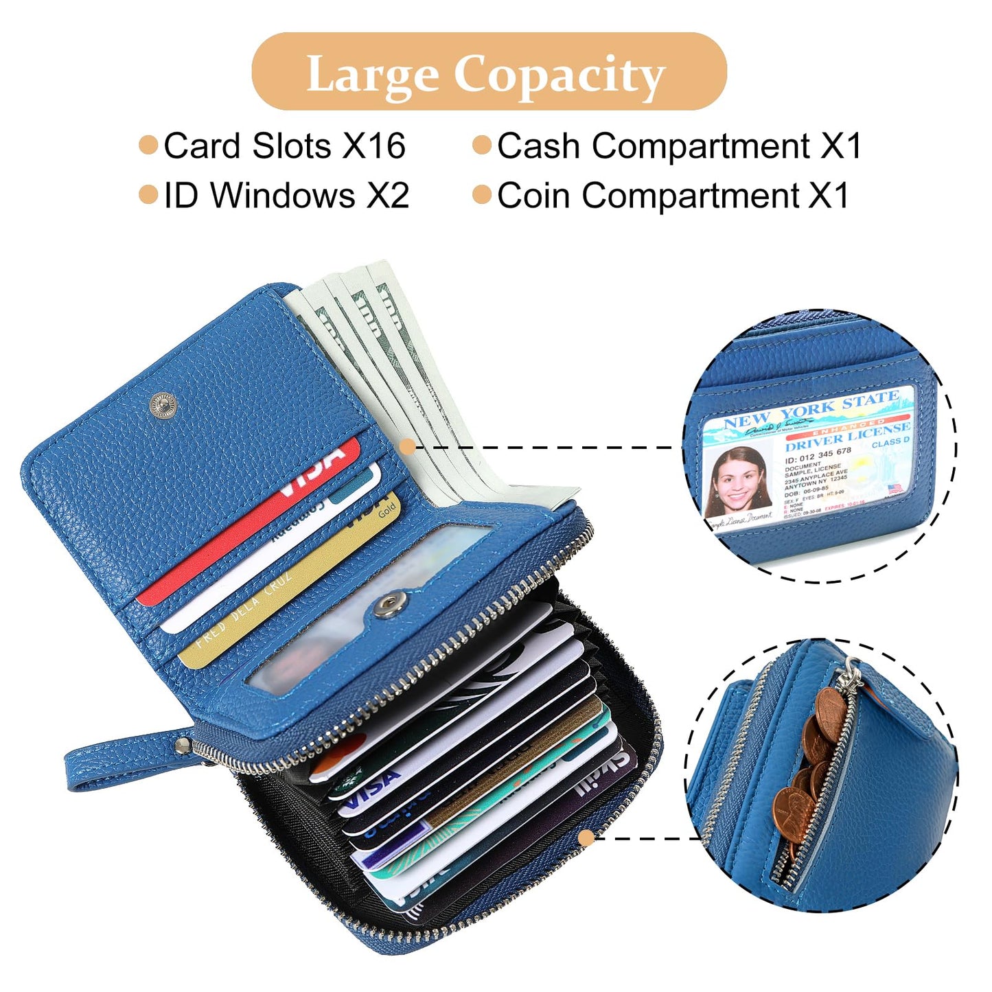 DELIRSTYIN Genuine Wallet Women RFID Blocking Card Holder, Small Leather Womens Wallet with Zipper ID Window Coin Pocket