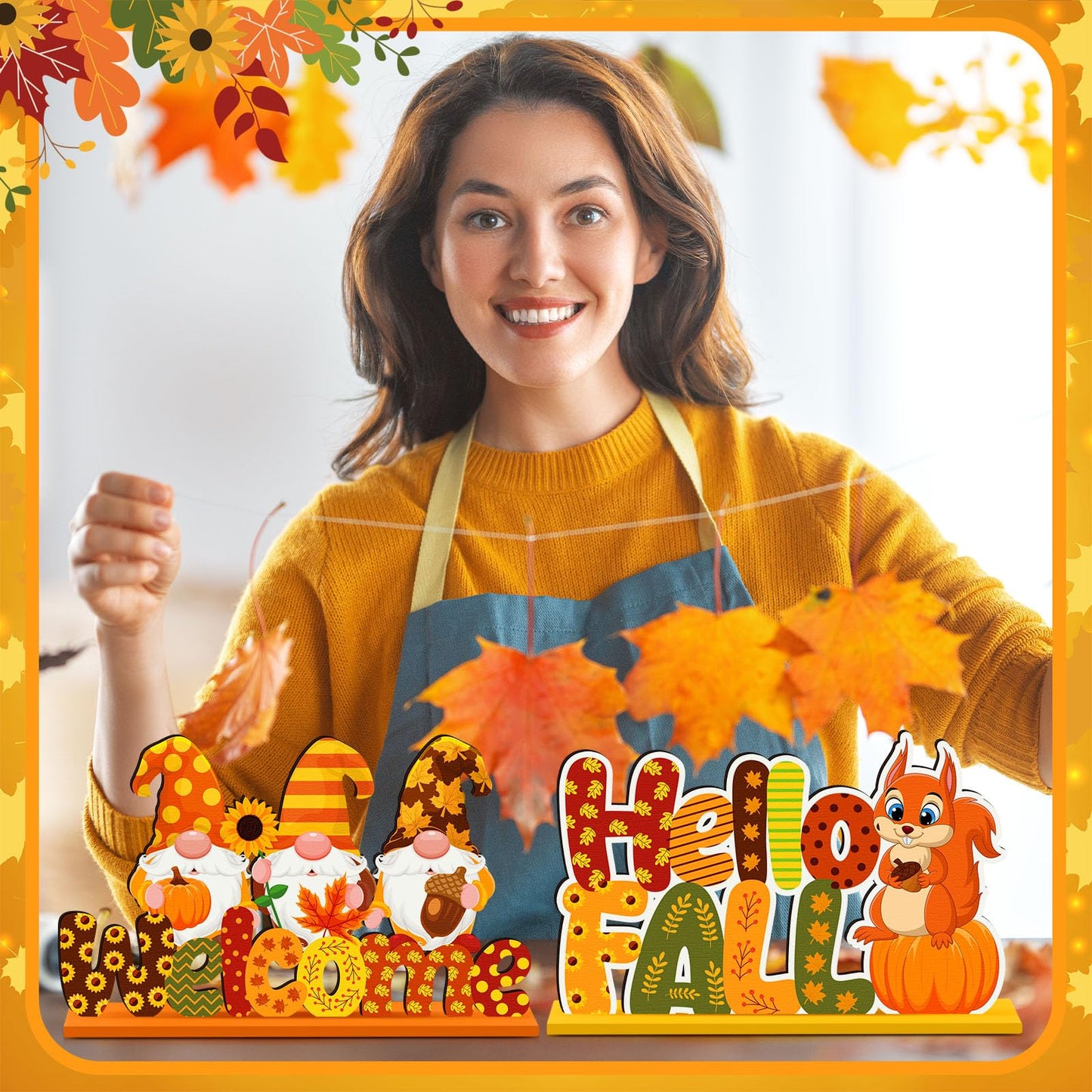 CroBlissful 6 Pcs Thanksgiving Decorations for Home Fall Table Centerpiece Hello Autumn Wooden Table Sign Pumpkin Gnome Truck Wood Tabletop Decor Harvest Party Decorations, 6 Styles