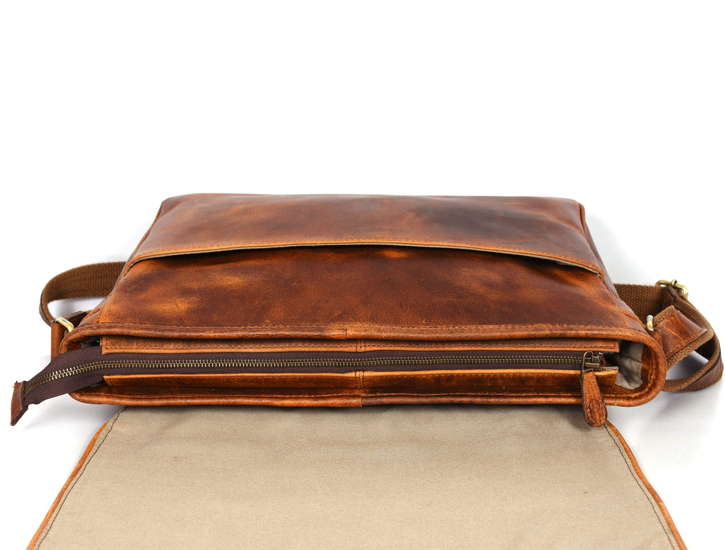 16" Crossbody Bag Leather Laptop Messenger Bag For Men with trolley sleeve for school office (Caramel)