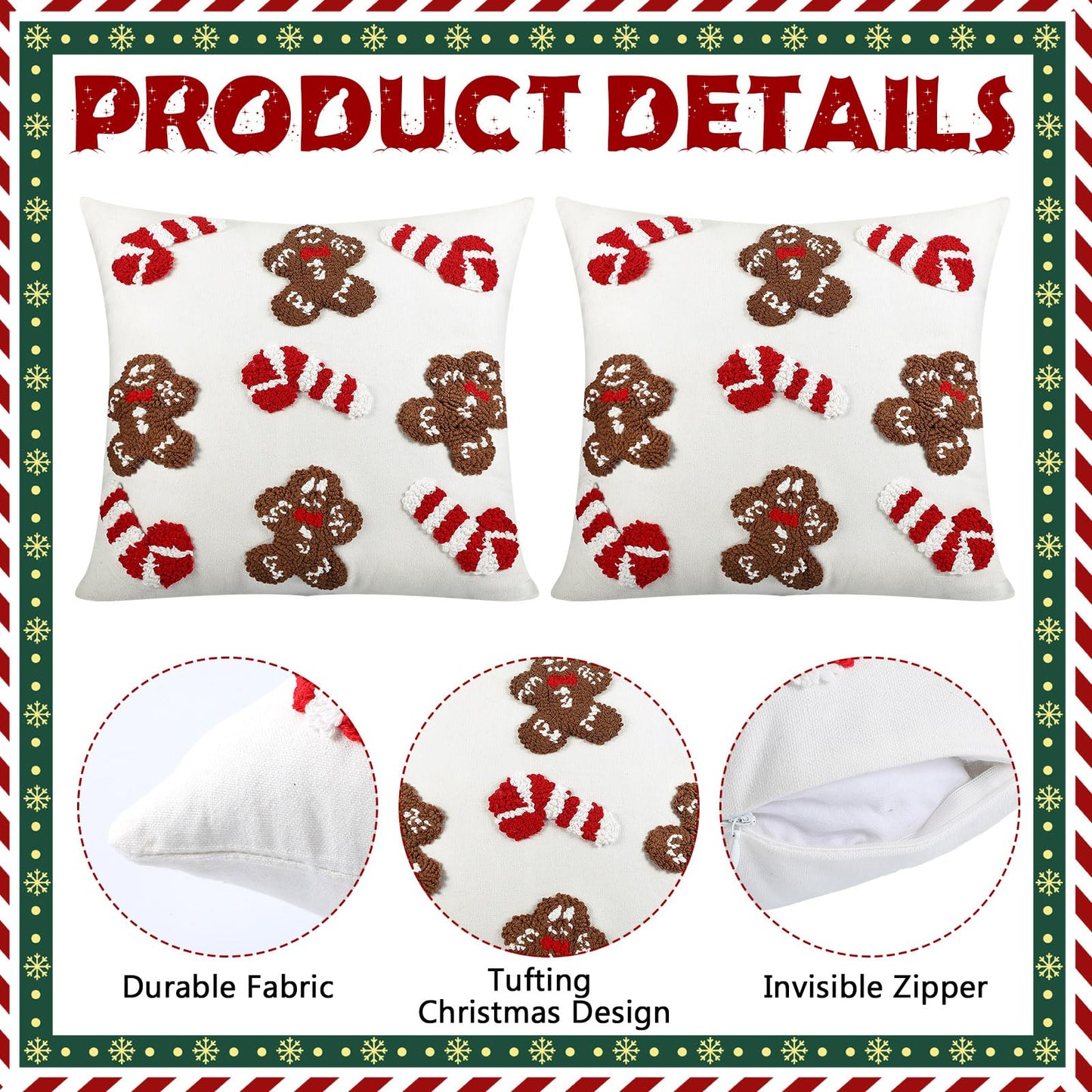 Mixweer 2 Pcs Tufted Christmas Throw Pillow Cover 18 x 18 Inch Gingerbread Pillow Covers 3D Candy Xmas Pillows Case Decorative Soft Cushion Cover for Sofa Couch Bed Room