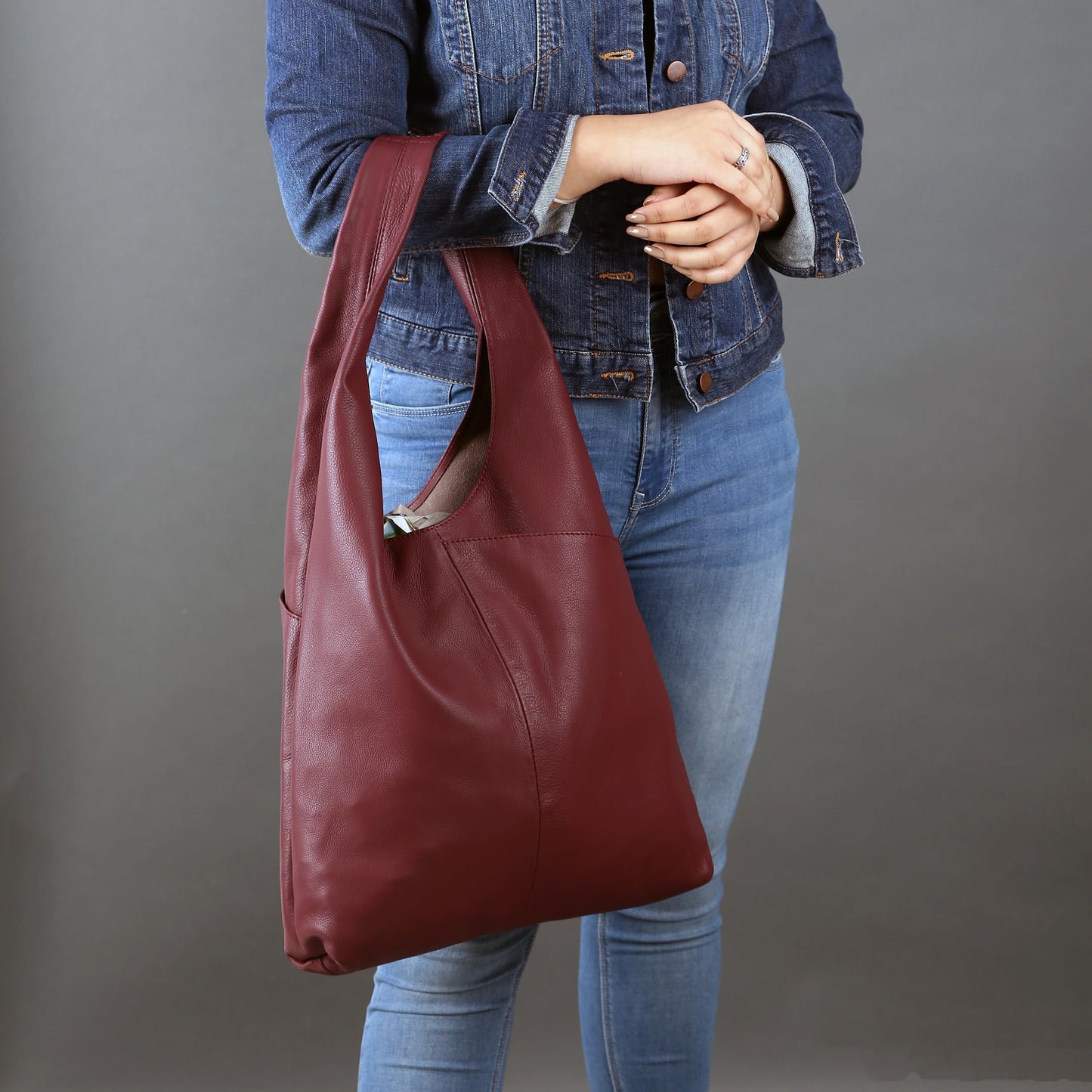 Leather Tote Bag for Women Ladies Purse Travel Shopping Bag Hobo Shoulder Multipurpose Handbag (Burgundy)