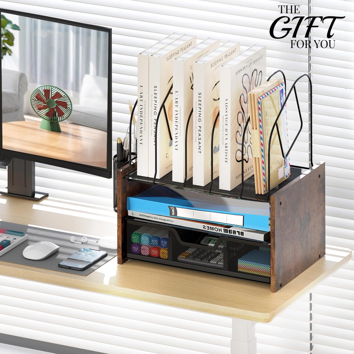 Boershun Wood Desk Organizer - 2-Tier Desktop File Organizer with Drawer with Vertical File Holder, Wooden Paper Tray, Office Desk Organzier and Accessories for Papers, Mail, Notebooks, Stationery