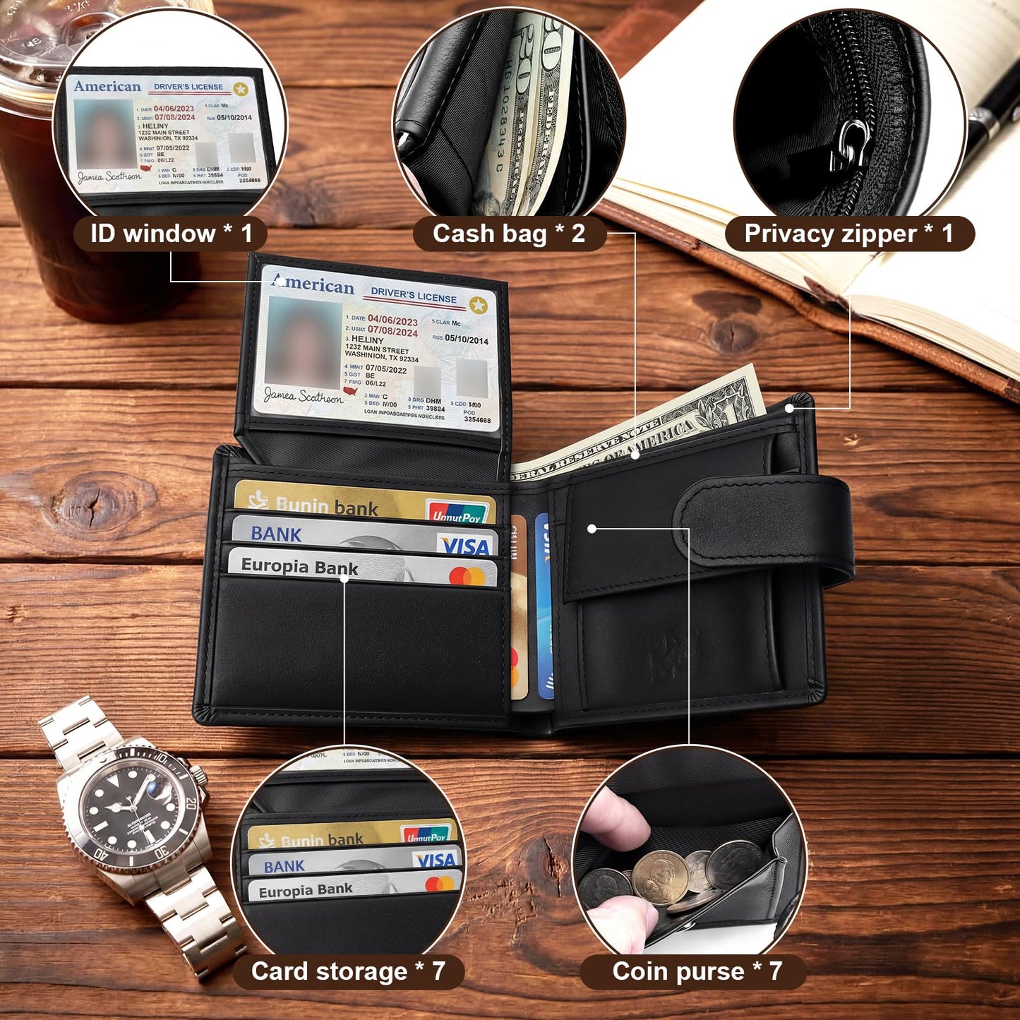 MS MOSHARK Full Grain Leather Wallet for Men Bifold,RFID Blocking,High Capacity with Coin Pocket,Durable Top-Grain Leather Business Wallet, Ideal Birthday Gift for Husband or Father