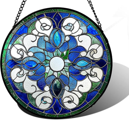 Stained Glass Window Hanging, Boho Style Sun Catchers Diamond Glass Panel Hangings Tiffany Suncatcher Decor for Birthday for Women, Men, Wife, Aunt, and Mom 11.8x11.8 in