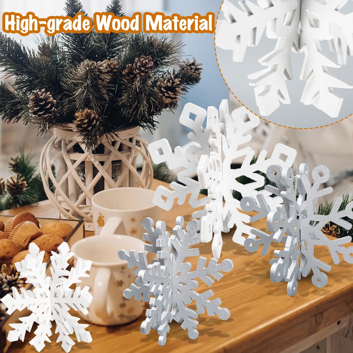 OuMuaMua 12 Set Winter Christmas Centerpiece Table Decorations - 24pcs Wooden Snowflakes Decor 3D Silver White Snowflake Tabletop Decor for Xmas Holiday Tiered Tray Winter Farmhouse Home Decor