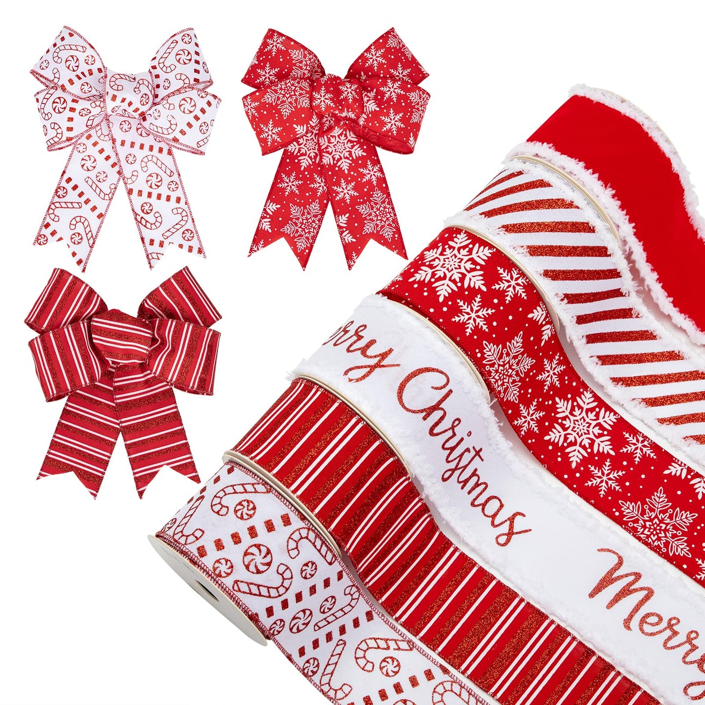 Hollyone Christmas Ribbon Wired 6 Rolls 30 Yards Red and White Christmas Ribbons Snowflake Candy Cane Ribbon Set for Christmas Tree Gift Wrapping Crafts Wreath Garland Bow Decor, 2.5 Inch