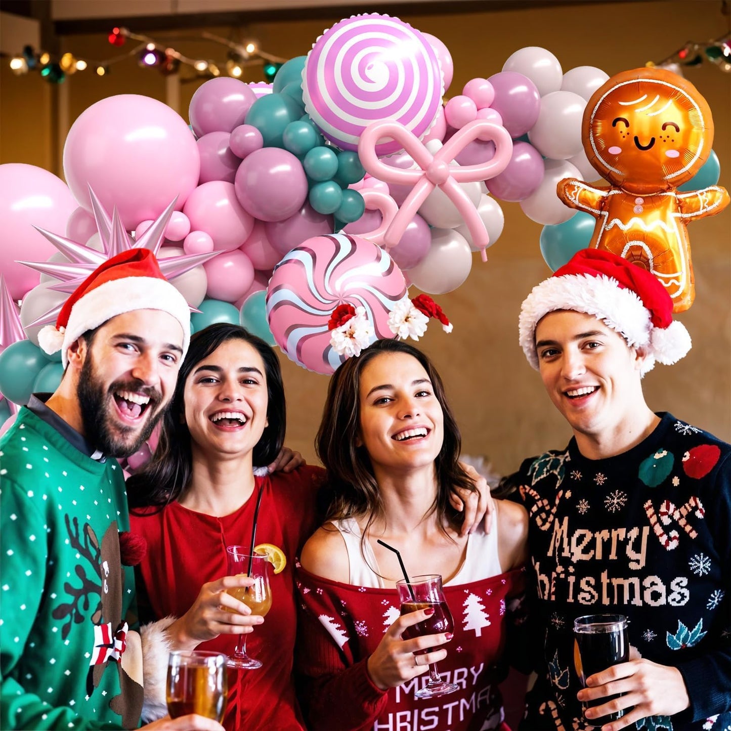 Christmas Balloon Arch Kit, Sage Green Nude Pink Purple Balloons with Lollipop Candy Gingerbread Man Star Foil Balloons for Xmas Holiday Winter Birthday New Year Party Decorations