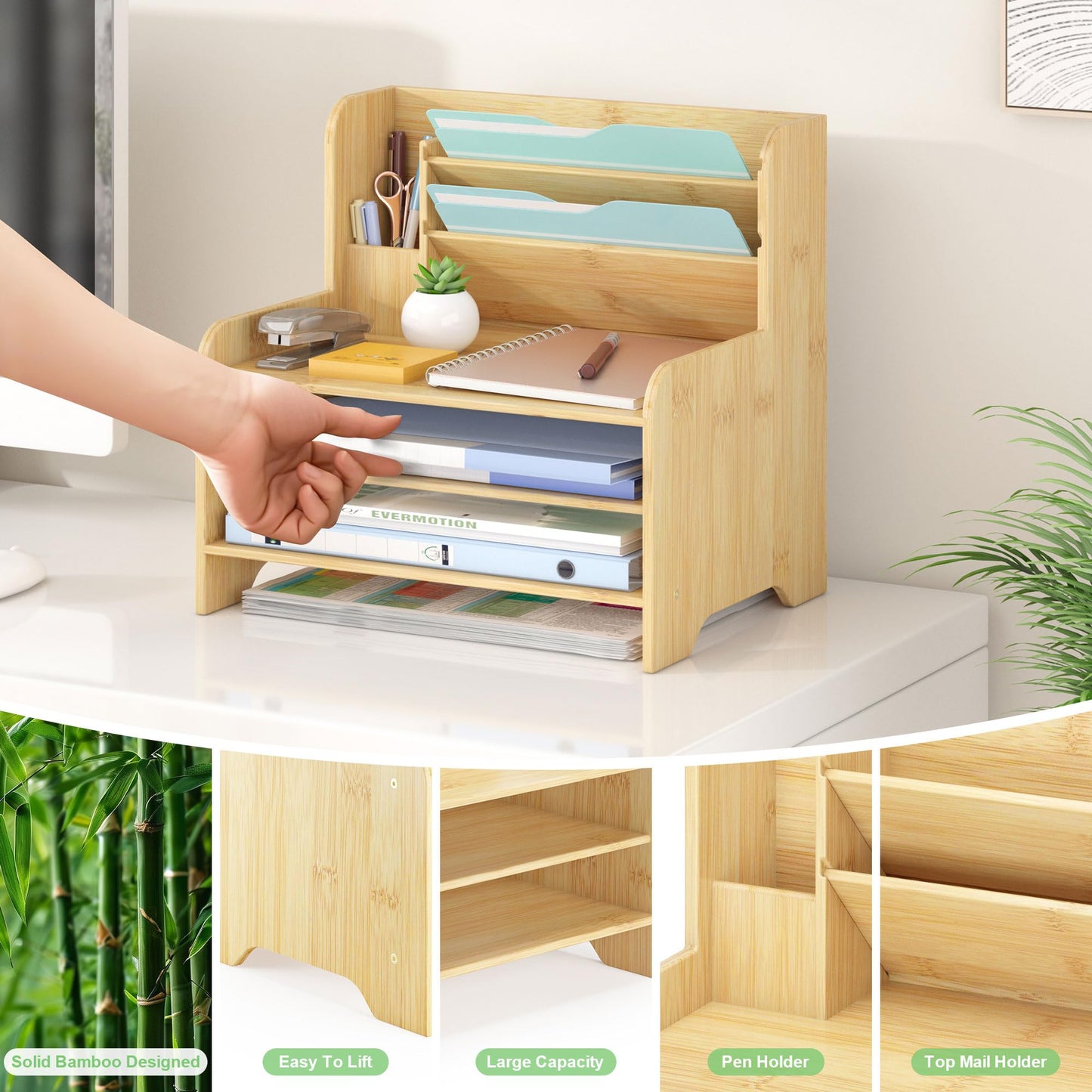 Wisuce Essentials Bamboo Desk Organizer Mail Holder Countertop Letter Tray File Organizer for Desk Letter Sorter Paper File Storage for School Home Office Supplies