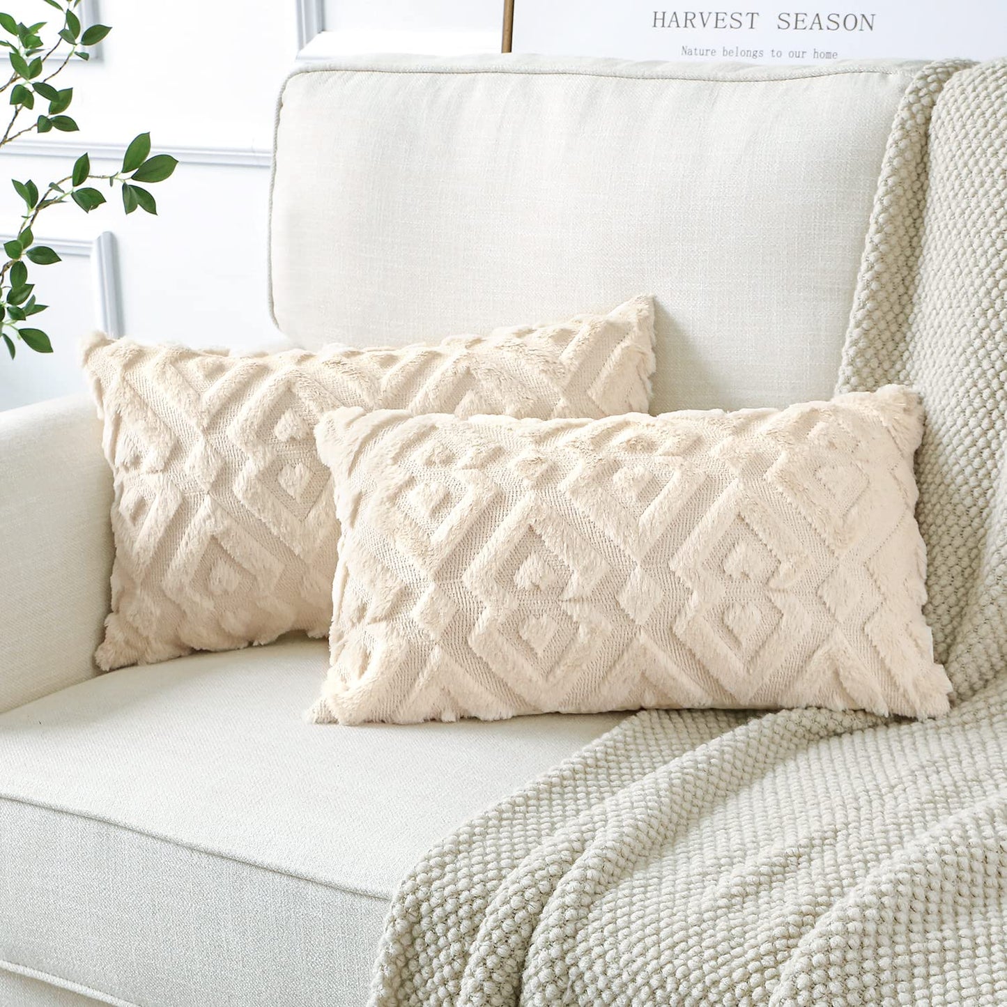 Artscope Pack of 2 Soft Plush Short Wool Velvet Decorative Throw Pillow Covers Luxury Style Cushion Covers European Pillow Shell for Sofa Bedroom Diamond Shape Cream Beige, 16x24 Inch