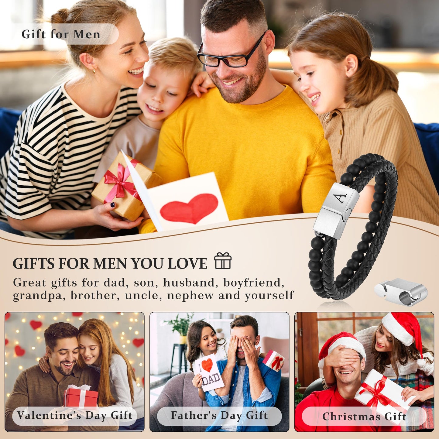 LUXEJEW Mens Bracelet - Black Leather Beaded Bracelets for Men with Magnetic Clasp Letter H Initial Bracelet 6mm Matte Agate Beads Stone Mens Jewelry Birthday Gifts for Men Husband Boyfriend