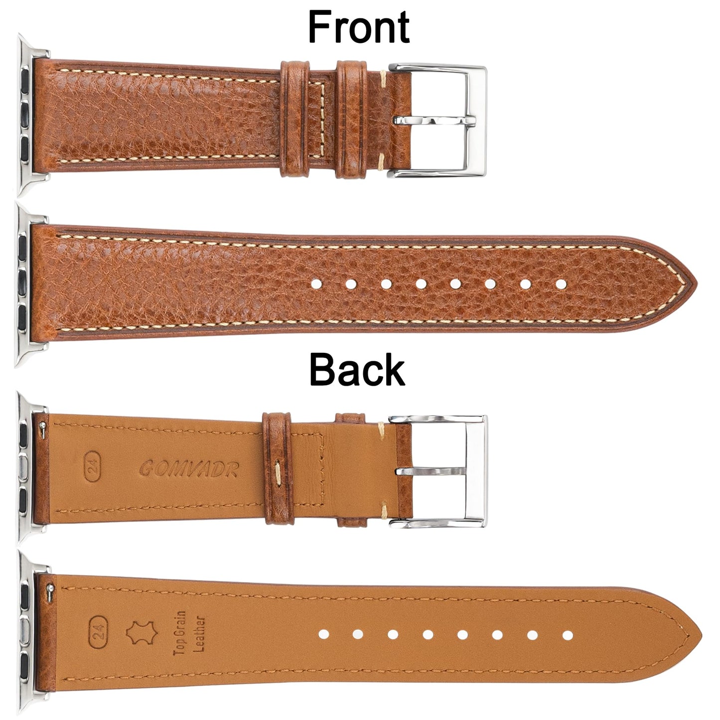 GOMVADR Top Grain Leather Band Compatible with Apple Watch, Tan Brown with Silver Buckle, Genuine Leather Strap for iWatch Series 9/8/7/6/5/4/3/2/1/SE/Ultra, 44/45/49mm (Tan Brown with Silver Buckle, 44/45/46 （24mm/Men's Size）)