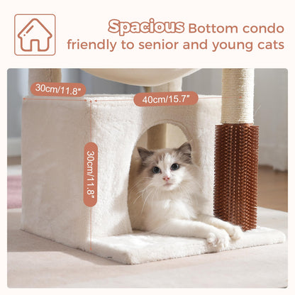 Pawfessor Cat Tree 32 Inches Small Cat Tree for Large Cats Adult Cat Tower with Scratching Post,15.7”Large Hammock and Self Groomer, and Removable Top Perch and Wide Condo for Indoor Cats-Beige