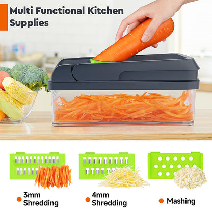 MealHelper 12-in-1 Vegetable Chopper, 7 Blade Veggie Chopper, Practical Food Chopper with Container, Cheese Grater, Home Essentials & Kitchen Gadgets(Green/Grey)