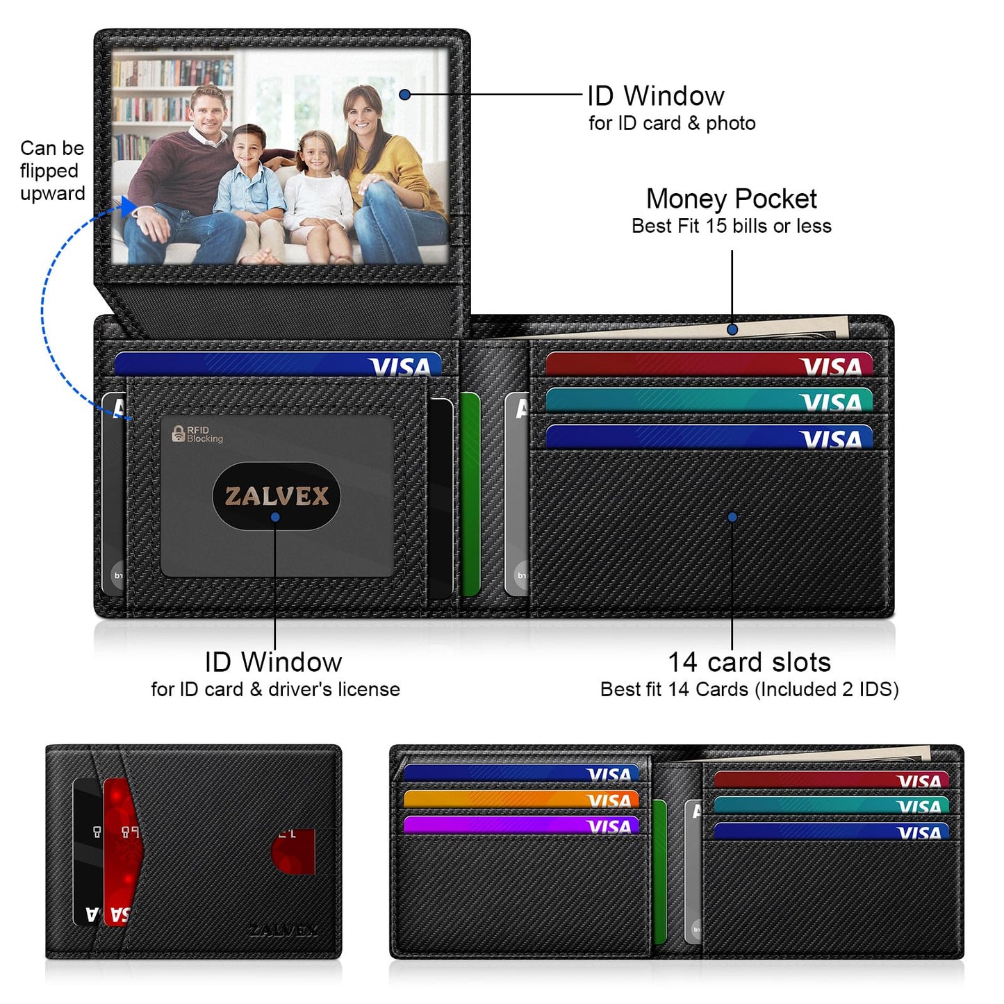 Wallet for Men Slim RFID Blocking Leather Credit Card Holder Wallet for 14 Cards, Bifold Minimalist Thin Wallet with 2 ID Windows & Cash Slot, Front Pockt Carteras Para Hombres, Birthday Gifts for Men