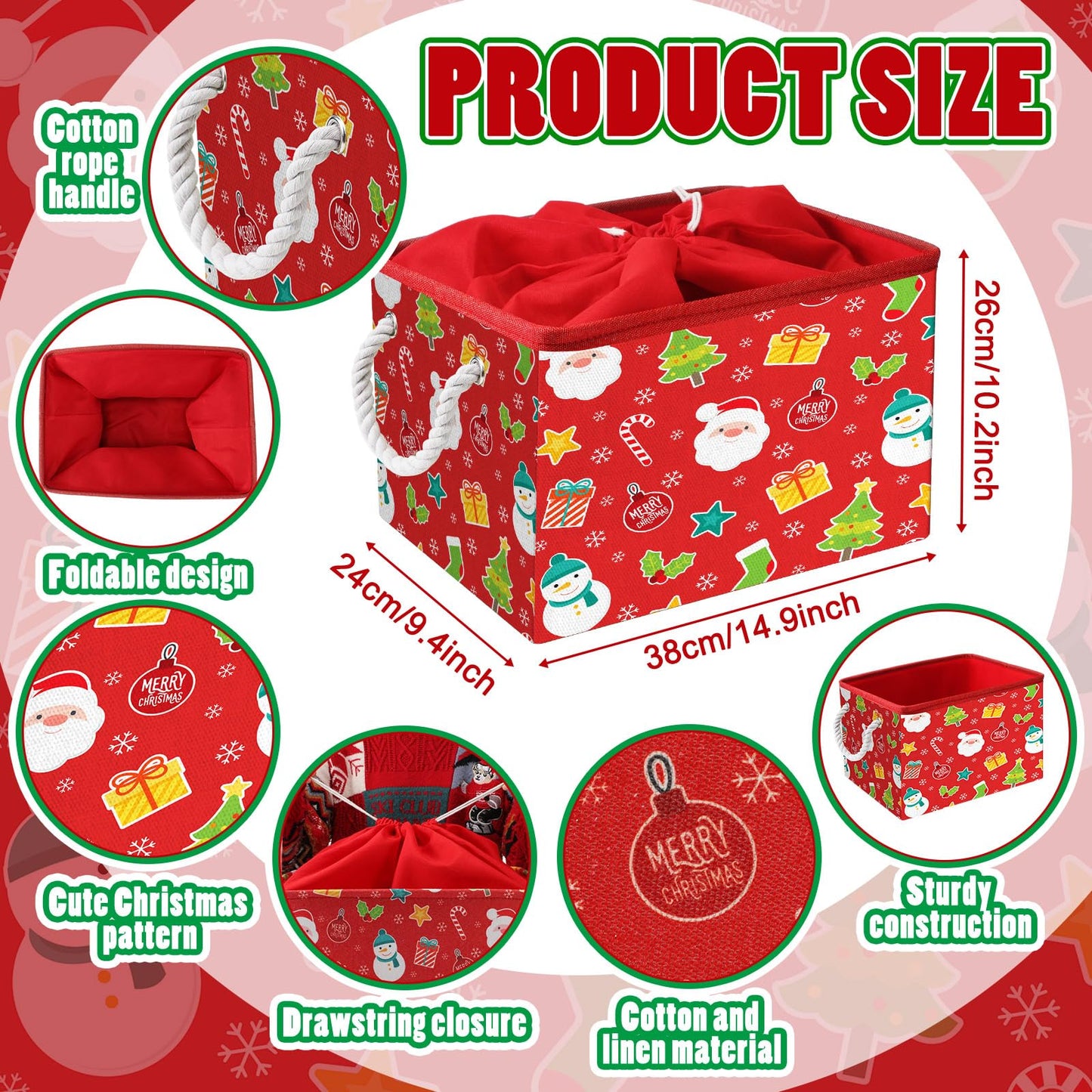 Acellegic 4 Pcs Large Christmas Storage Basket 15 x 10 x 9.5 Inch Foldable Christmas Storage Bins with Handles & Drawstring Lid Xmas Bins Cotton Laundry Organizer for Holiday Bedroom Home(Cheerful)