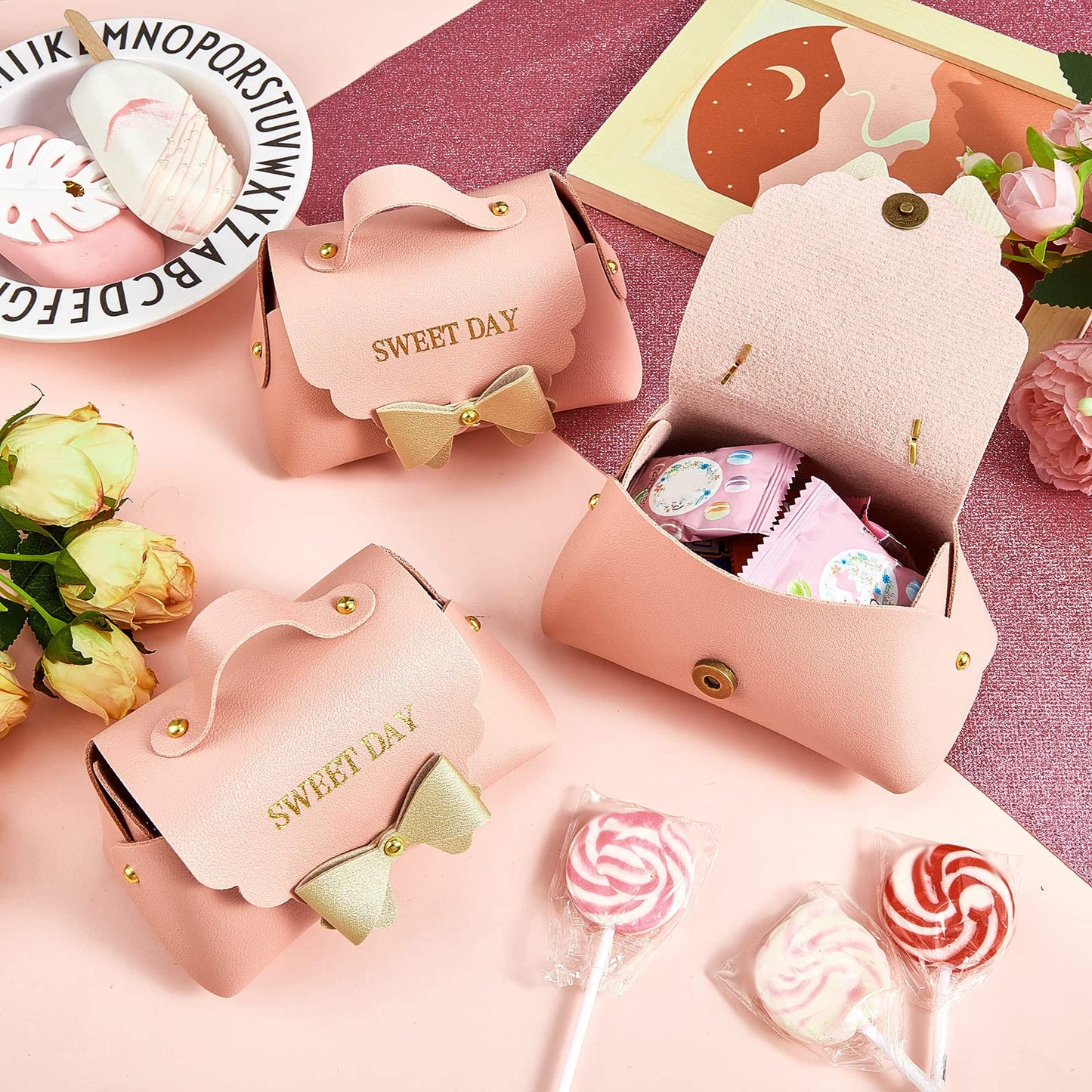 Dandat 24 Pcs PU Leather Bowknot Gift Boxes 5x3 Inch Reusable Candy Favor Bags with Handles, Elegant Mini Handbag Purse for Wedding, Birthday, Party Favors(Pink)