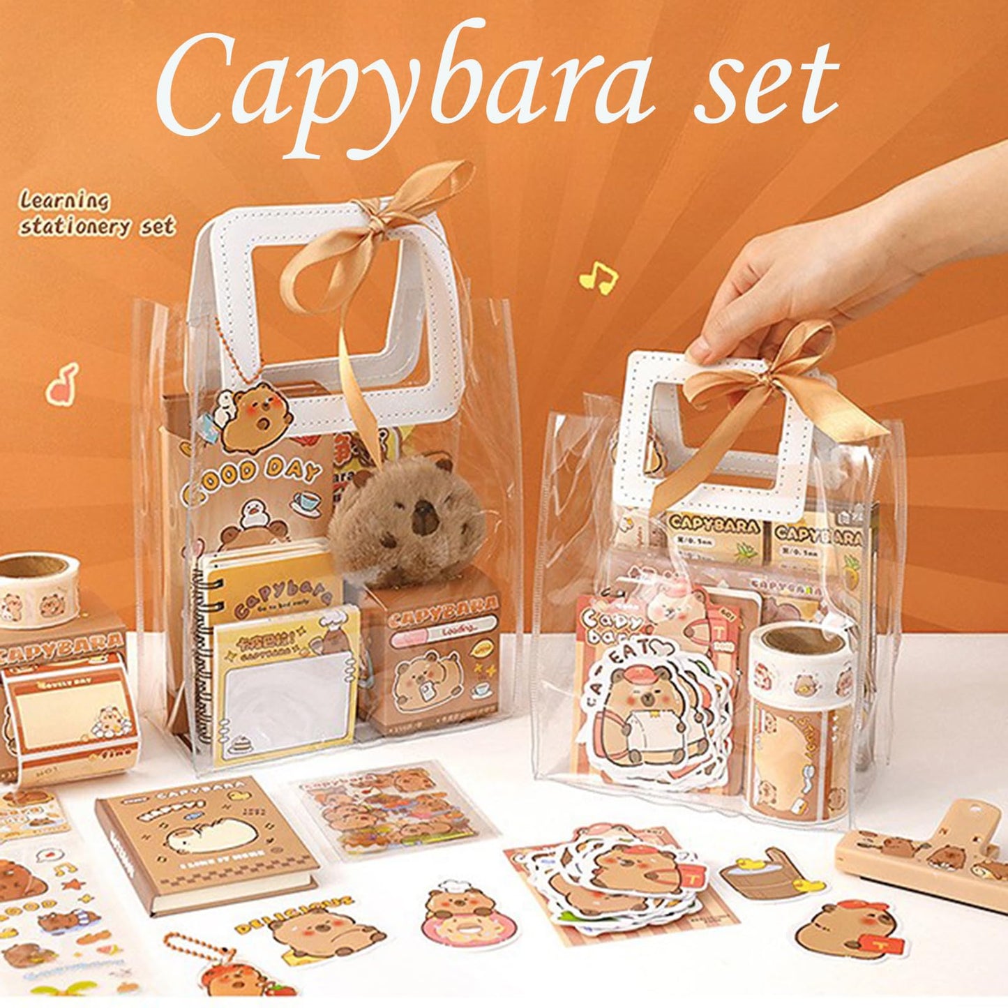 ERANC Capybara Stationery Set for Girls – Cute School Supplies Gift Bundle with Pencils, Notebook, Triangle Ruler, Stickers, Notepad, and Keychain Charm – Nice Gift for Kids (127Pcs)