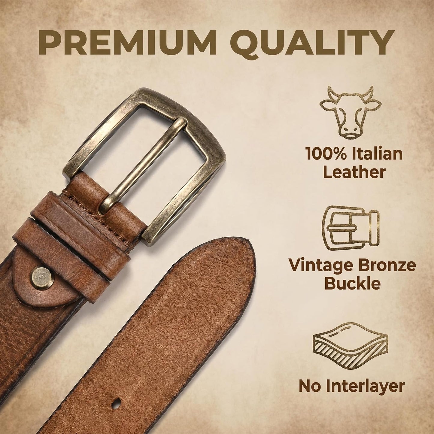 Rollslatte Full Grain Italian Genuine Leather Belt for Men, Retro Brass Buckle Cowboy Western Belt Casual Dress Jeans, Gift for Husband, Father, Boyfriend Size 38
