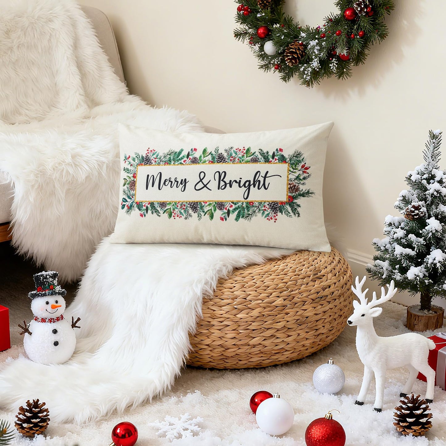 OTOSTAR Merry Bright Christmas Decor Pillow Cover 12x20 Inch Lumbar Decorative Throw Pillow Case Eucalyptus Mistletoe Winter Holiday Rectangle Cushion Cover for Couch Bed Sofa Decor (Merry & Bright)