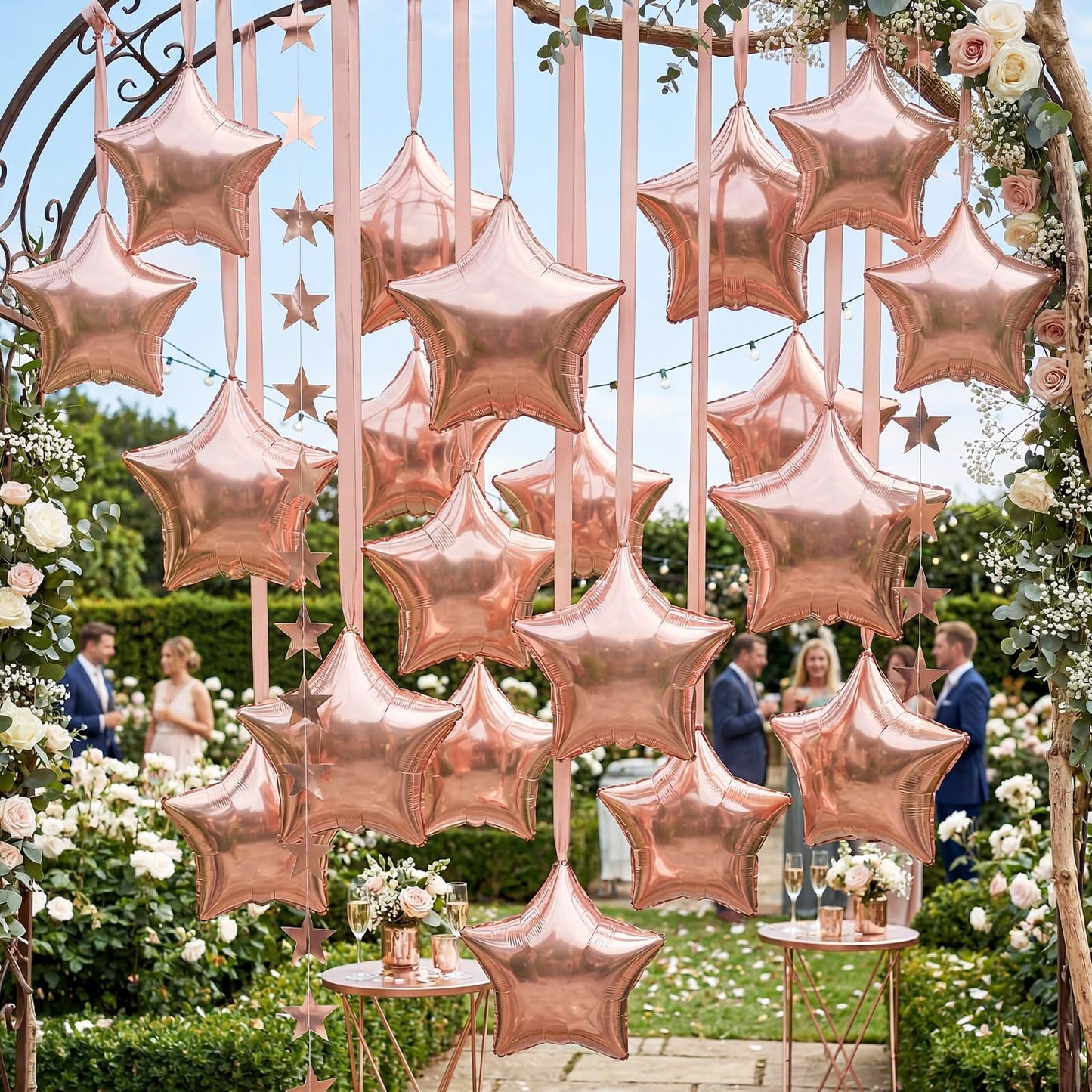 Duraaamo 30 Set Star Foil Balloons Bulk 22 Inch Metallic Star Balloons and Stars Banner and Satin Ribbon for Ceiling Birthday Ornaments Party Decor(Rose Gold)