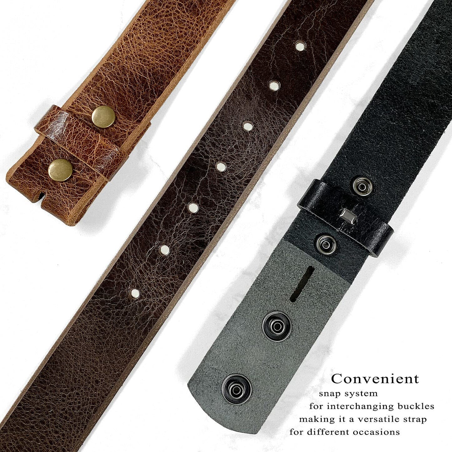 BS304 Genuine Full Grain Vintage Leather Belt Strap with Snaps on 1-1/2"(38mm) wide (Tan, 34)