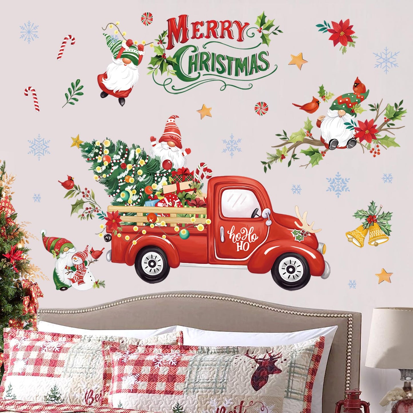 Wondever Red Truck Wall Stickers - Gnomes, Christmas Tree, Window Art Decals for Party, Xmas Home